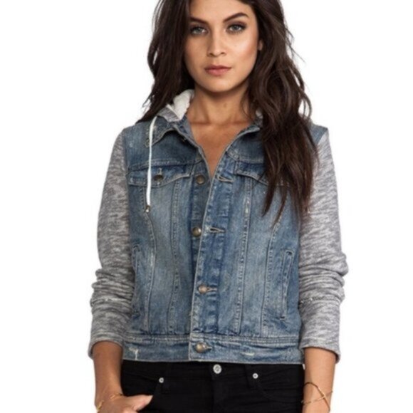 Free People Distressed Denim Gray Knit Sleeves and Hoodie Jacket Med - Picture 1 of 8